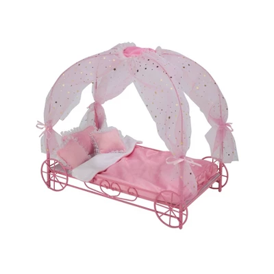 Badger Basket Royal Carriage Metal Doll Bed With Canopy Bedding And LED Lights - Pink/White/Stars - Image 3