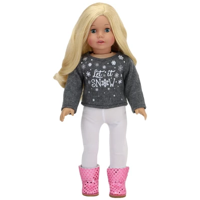 Sophia's - 18" Doll - "Let It Snow" Sweater, Lace Skirt, Leggings, Earmuffs, Pocket Scarf & Ewe Boots - Grey/White/Pink - Image 4