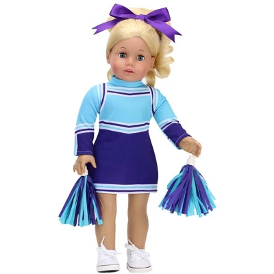 Sophia's - 18" Doll - Cheerleader Dress, Pom-pom & Hair Bow Set - Aqua/Purple - Image 3