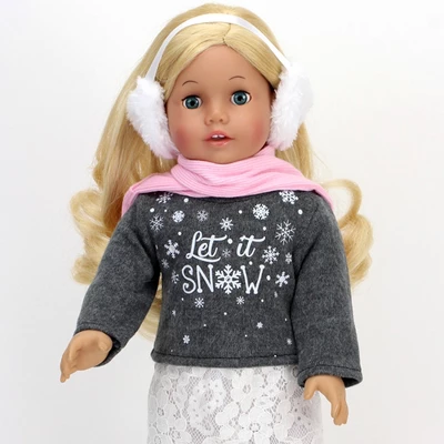 Sophia's - 18" Doll - "Let It Snow" Sweater, Lace Skirt, Leggings, Earmuffs, Pocket Scarf & Ewe Boots - Grey/White/Pink - Image 3