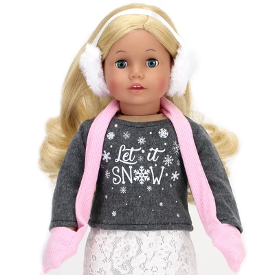Sophia's - 18" Doll - "Let It Snow" Sweater, Lace Skirt, Leggings, Earmuffs, Pocket Scarf & Ewe Boots - Grey/White/Pink - Image 2