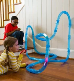 HearthSong - Tunnel Racer 71-Piece Race Car Tubular Track Set With 2 Glow-in-the-Dark Race Cars And 1 Cosmic Strobe Ball