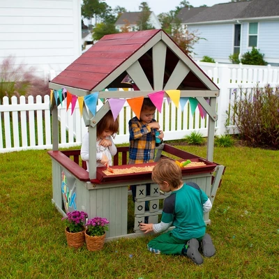 Funphix Hangout Hut, Kids Outdoor Wooden Playhouse With Sandbox & Tic Tac Toe - Image 3