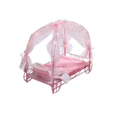 Badger Basket Royal Carriage Metal Doll Bed With Canopy Bedding And LED Lights - Pink/White/Stars - Image 6