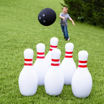 HearthSong Giant Indoor/Outdoor Inflatable Bowling Game For Kids' With Six 29"H Pins And 20" Diam. Ball