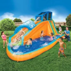 Banzai Surf Rider Kids Inflatable Outdoor Backyard Aqua Lagoon Water Slide Splash Park With Climbing Wall, Tunnel Slide, And Splash Pool