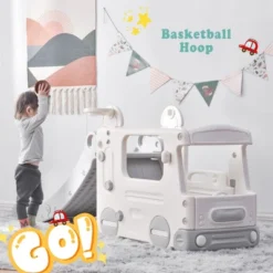 4-in-1 Kids Slide With Bus Play Structure Climber And Basketball Hoop, Freestanding Bus Climber With Slide For Toddlers-ModernLuxe