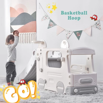 4-in-1 Kids Slide With Bus Play Structure Climber And Basketball Hoop, Freestanding Bus Climber With Slide For Toddlers-ModernLuxe