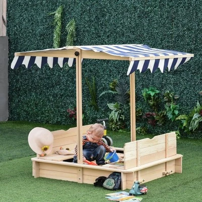 Outsunny Covered Sandbox With Lid With Adjustable Canopy For Kids, Outdoor Play Equipment With Benches, Backyard Outdoor Activity Sensory Toy, Wood - Image 2