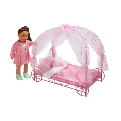 Badger Basket Royal Carriage Metal Doll Bed With Canopy Bedding And LED Lights - Pink/White/Stars - Image 4