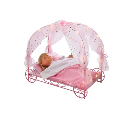 Badger Basket Royal Carriage Metal Doll Bed With Canopy Bedding And LED Lights - Pink/White/Stars - Image 5