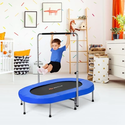 Costway Foldable Trampoline Double Mini Kids Fitness Rebounder W/ Adjustable Handle RedBlue - Image 2