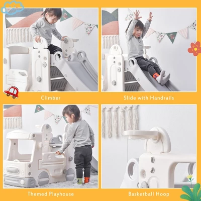 4-in-1 Kids Slide With Bus Play Structure Climber And Basketball Hoop, Freestanding Bus Climber With Slide For Toddlers-ModernLuxe - Image 3