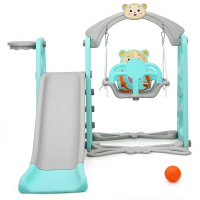 Costway 4-in-1 Toddler Climber And Swing Set W/ Basketball Hoop & Ball PinkGreen - Image 9