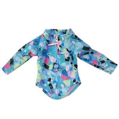 Sophia’s Colorful Collage Print Long Sleeve Rash Guard Swimsuit For 18" Dolls, Blue