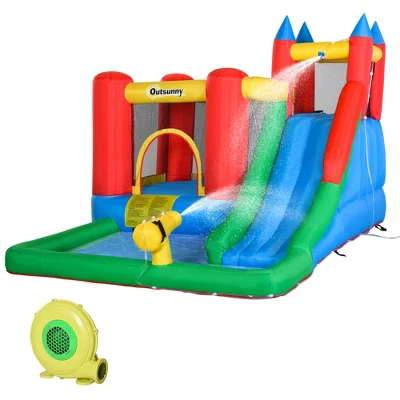 Outsunny 6-in-1 Kids Bounce House Inflatable Water Slide With Pool, Water Cannon, Climbing Wall, Jumping Castle Backyard Activity Outdoor - Image 3