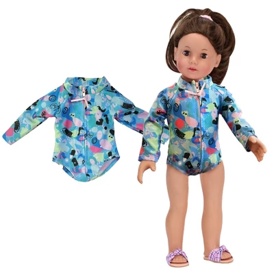 Sophia’s Colorful Collage Print Long Sleeve Rash Guard Swimsuit For 18" Dolls, Blue - Image 2