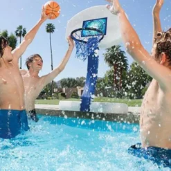 SwimWays 2-In-1 Volleyball And Basketball Swimming Poolside Water Game Set For Inground Pools With Bases, Nets, And Pro-Style Balls, Blue & White