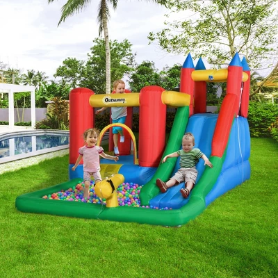 Outsunny 6-in-1 Kids Bounce House Inflatable Water Slide With Pool, Water Cannon, Climbing Wall, Jumping Castle Backyard Activity Outdoor
