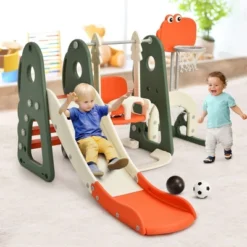 Costway 6 In 1 Toddler Slide And Swing Set Climber Playset W/ Ball Games WhiteOrange