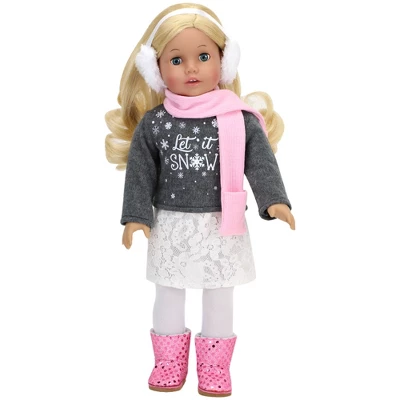 Sophia's - 18" Doll - "Let It Snow" Sweater, Lace Skirt, Leggings, Earmuffs, Pocket Scarf & Ewe Boots - Grey/White/Pink