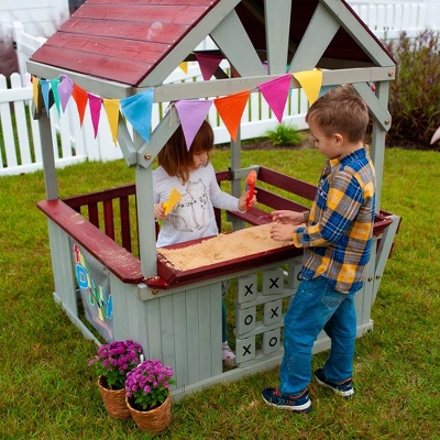 Funphix Hangout Hut, Kids Outdoor Wooden Playhouse With Sandbox & Tic Tac Toe - Image 5